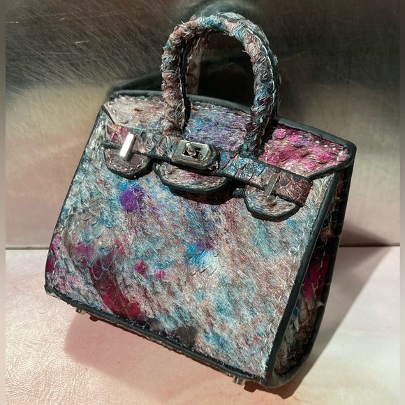 π Handmade Genuine Leather Mini Iridescent Fish Scale Birkin Tote Bag Charm - Picture 3 of 9